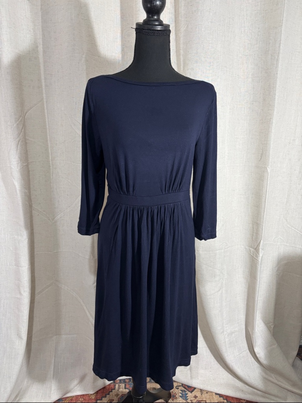 J Crew Classic Navy Midi Dress with Boat Neck and 3/4 Sleeves